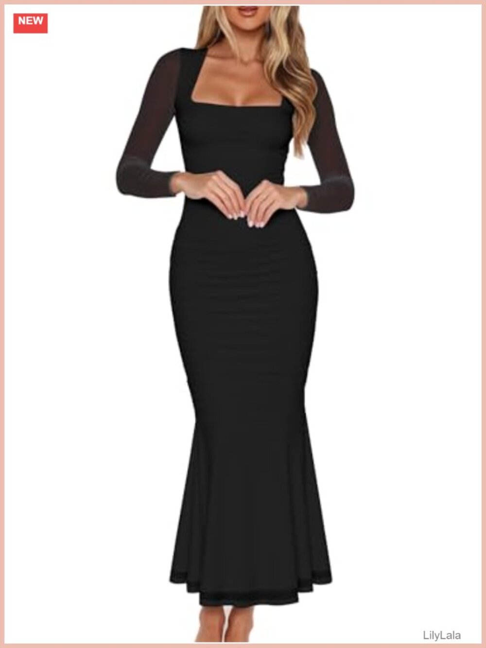 Women's Ruched Bodycon Mesh Long Sleeve Maxi Dress Square Neck Formal